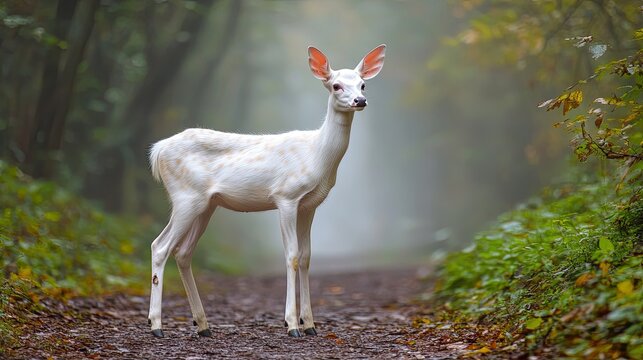 A rare albino deer standing elegantly on a misty forest path