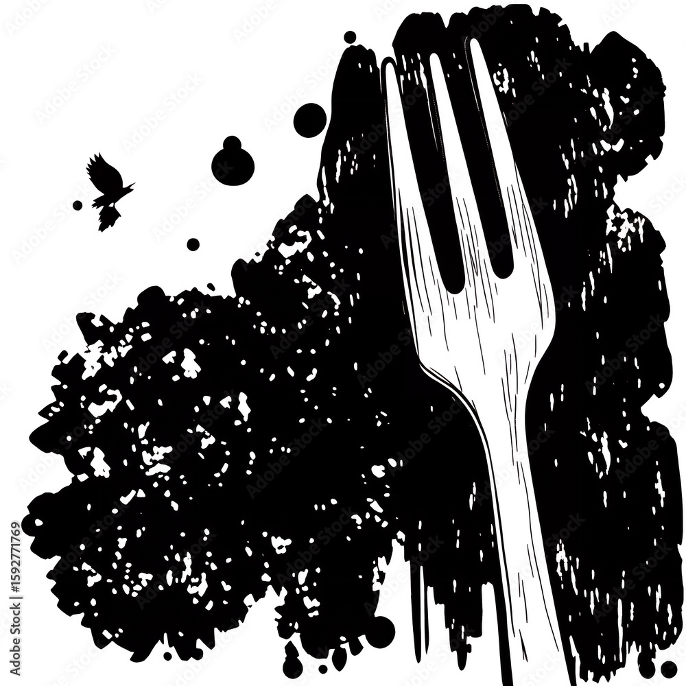 Poster a stark black and white image featuring a fork and abstract splatter elements around on transparent 