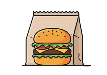 A simple, flat-style illustration of a burger in a paper bag. ?Burger Bag Grab? ? a playful food concept. Clean lines, pastel colors, perfect for branding and design.