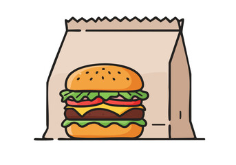 A simple, flat-lined illustration of a burger in a paper bag. Clean design, modern style, perfect for food-related graphics and branding. 