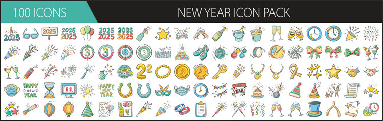 100 Festive New Year Icons for Holiday Projects - Set of 100 colorful vector icons themed around New Year celebrations, featuring clocks, fireworks, champagne, confetti, and party elements.