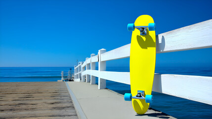Yellow skateboard leaning on white fence by the sea