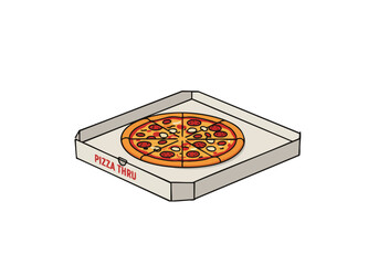 A stylized illustration of a pizza box with a slice, promoting a 'Pizza Drive-Thru Feast'. Bold, graphic design with a vibrant color palette. Perfect for food marketing and advertising.