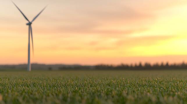 Wind turbine at sunset, generating renewable energy in a rural landscape. Green field in the foreground, vibrant orange sky. Eco-friendly power generation.