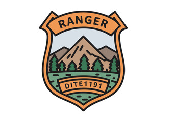 Naklejka premium A stylized Conservation Ranger Duty Symbol badge featuring mountains and a digital code. Clean, modern design suitable for various commercial applications.