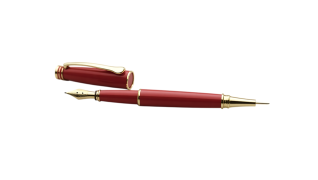 Luxury writing instrument fountain pen fine point red and gold stationery office supply for writers artists on transparent background