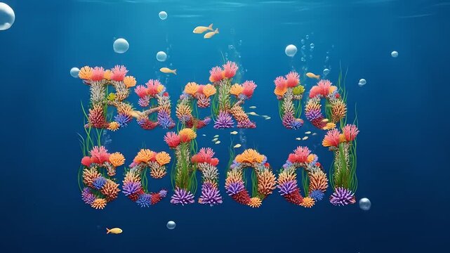 Back to school message underwater with coral letters and fish swimming around. Perfect for school promotions, end of summer events, educational content and ocean preservation campaigns.