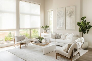 Sala de estar contempor&acirc;nea com janelas amplas, cortinas transl&uacute;cidas e decora&ccedil;&atilde;o escandinava em tons claros, iluminada por luz natural suave, IA generativa