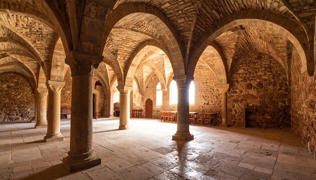 Ancient stone hall with arched ceilings