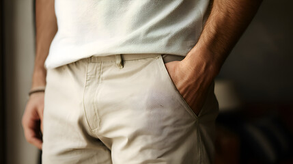 Man wearing white t shirt and beige pants with hand in pocket