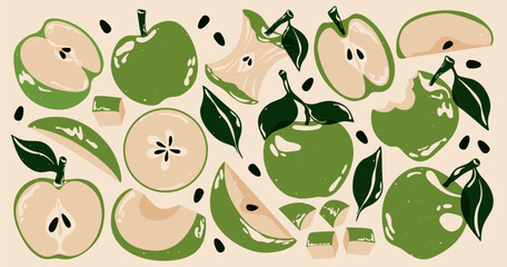 Green apples. Fresh apple fruits with leaves and seeds, ripe apples whole and cut pieces, abstract tropical fruit with leaf, peel, natural organic sweet sour ingredients. Vector risograph set