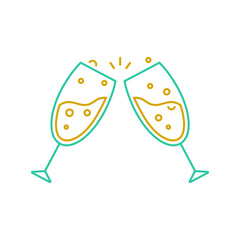 Two sparkling champagne glasses toasting in minimalist graphic art style, suitable for celebrations and festive designs offering scalability.