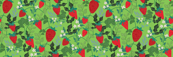 Seamless strawberry pattern with leaves and blossoms in a hand-drawn style. Cute trendy design. Vector berry print Summer freshness-core meadow green background.