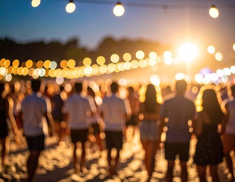 Night party on the beach. Blurry figures of people enjoying music and lights