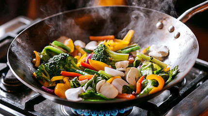 Colorful stir-fry vegetables sizzle in a wok on a gas stove, releasing steam.  A vibrant and healthy cooking scene showcasing fresh ingredients.