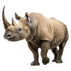 Obraz premium A close-up of a white rhinoceros standing on a black background. The rhino has a large horn and a robust body, showcasing its thick skin and distinctive features.