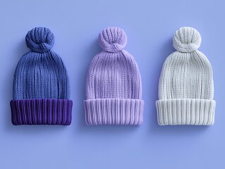 Set of three knit beanies in blue, white, and purple.