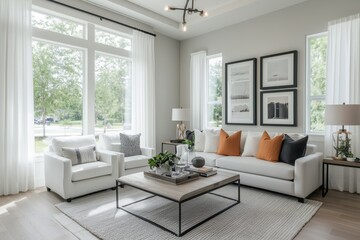 Fototapeta premium Sala de estar contemporânea com janelas amplas, cortinas translúcidas e decoração escandinava em tons claros, iluminada por luz natural suave, IA generativa