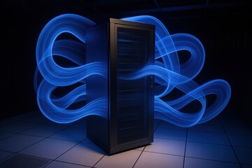 Illuminated Server Cabinet with Dynamic Blue Light Trails in a Dark Environment