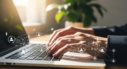 Photo of closeup of hands typing on a laptop keyboard, with a glowing network of connected people icons overlayed, signifying digital collaboration and connectivity