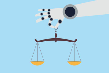 Vector illustration of a robotic hand holding a balance scale, symbolizing the harmony between technology, ethics, and justice in the age of AI and automation
