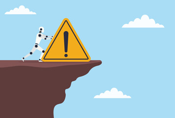Vector illustration of a robot pushing a warning icon down a hill, symbolizing the struggle to control or mitigate emerging risks and alerts in automated systems
