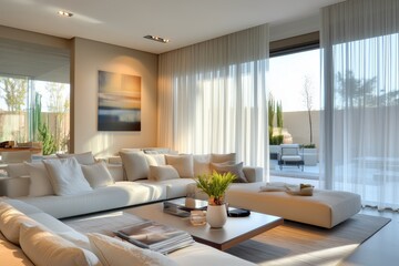 Fototapeta premium Sala de estar contemporânea com janelas amplas, cortinas translúcidas e decoração escandinava em tons claros, iluminada por luz natural suave, IA generativa