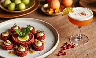 Aleppo Sour Tamarind Citrus Cocktail with Kibbeh Nayeh Raw Lamb Bulgur Tartare, Syrian Food and Drink