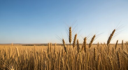 Naklejka premium Golden wheat field under a clear blue sky, ready for harvest.