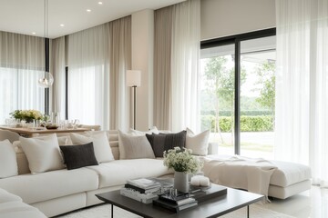 Fototapeta premium Sala de estar contemporânea com janelas amplas, cortinas translúcidas e decoração escandinava em tons claros, iluminada por luz natural suave, IA generativa