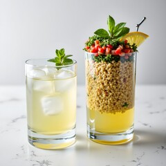 Mint Lemonade Limonada with Tabbouleh Bulgur Pomegranate Tartare, Syrian Food and Drink