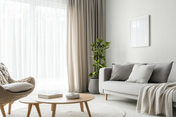 Fototapeta premium Sala de estar contemporânea com janelas amplas, cortinas translúcidas e decoração escandinava em tons claros, iluminada por luz natural suave, IA generativa