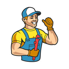 Cheerful plumber cartoon design, ideal for service industry branding and construction company promotional graphics projects.