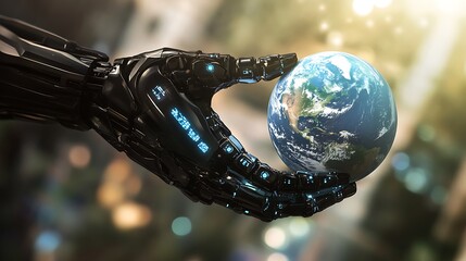 Robotic hand holding Earth, representing futuristic technology and Earth care.