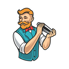 Craft cocktail logo features a stylish ginger bartender shaking a drink, perfect for branding bars or designing eye-catching menus.
