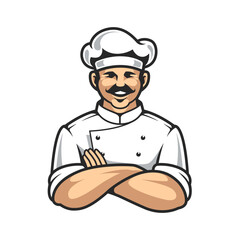 Cheerful chef with crossed arms, a cookery professional suitable for menu designs, food blog headers, and culinary school advertisements.