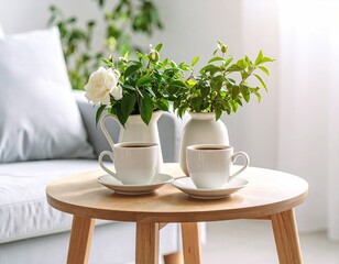 Fototapeta premium Cozy coffee and flowers on a wooden table