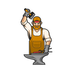 Craft a unique design featuring a blacksmith wielding a hammer, perfect for metalwork themed logos and branding visuals with a vintage aesthetic.