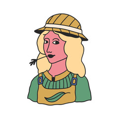 Vintage styled blonde gardener design featuring a hat and overalls, suitable for retro branding or farm related graphic design projects.