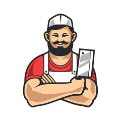 Skilled butcher graphic features a friendly man with a mustache and cleaver, perfect for meat industry branding and logo designs.