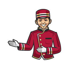 Cheerful bellhop mascot welcomes guests with a friendly gesture, perfect for hotels, travel agencies, or hospitality brands seeking an approachable graphic.