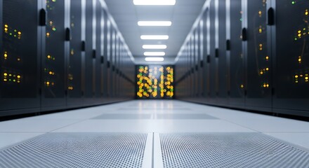 A long corridor of gleaming server racks in a modern data center, illuminated by bright overhead lights.