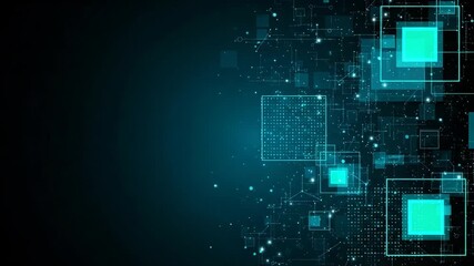 An abstract digital network background with glowing blue squares and interconnected lines - Powered by Adobe