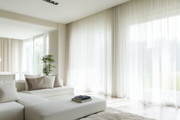 Sala de estar contemporânea com janelas amplas, cortinas translúcidas e decoração escandinava em tons claros, iluminada por luz natural suave, IA generativa