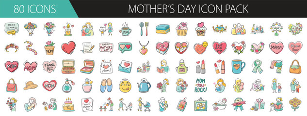 80 Lovely Mother’s Day Icons for Celebrations - Set of 80 charming vector icons for Mother’s Day, featuring hearts, flowers, gifts, moms, love notes, and appreciation-themed symbols.