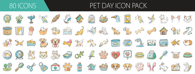 80 Cute Pet Day Icons for Animal Lovers - Set of 80 colorful vector icons celebrating Pet Day, featuring cats, dogs, birds, pet care items, toys, and animal-themed graphics.