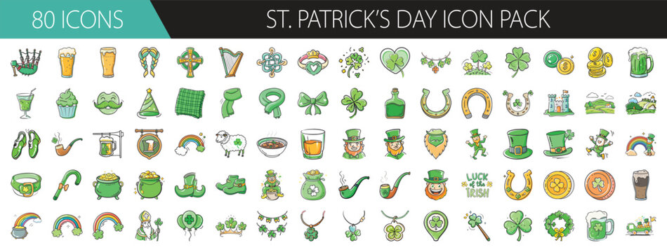 80 Green St. Patrick’s Day Vector Icons - Collection of 80 festive St. Patrick’s Day icons featuring shamrocks, leprechauns, beer, rainbows, gold coins, and Irish symbols. - Powered by Adobe