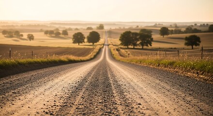 Naklejka premium A long, dusty, gravel road stretches towards the distant horizon, leading through fields.