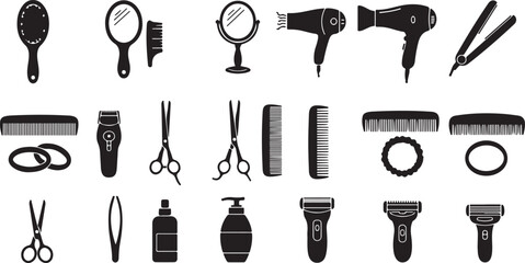 Black silhouette icons of hair and beauty tools hair brush