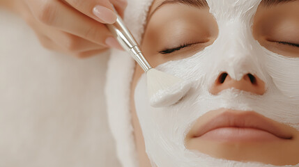 Facial Treatment: Woman receiving a white facial mask application with a brush, eyes closed in a spa setting, focusing on skincare and relaxation.
